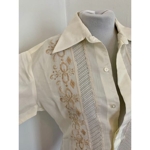 VTG Barong Tagalog Shirt Men’s SMALL Filipino Embroidered Ivory Button Shirt - Picture 3 of 12